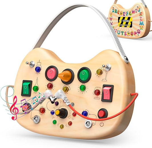 UdoUto Toddler Busy Board with LED Light Up Switch, Wooden Montessori Busy Board for Todder 1-3, Travel Toys for Autistic Kids, Gift for 1 2 3 Year Old Baby Boys & Girls
