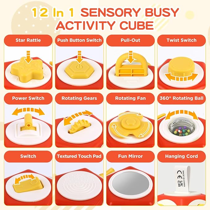 Montessori Activity Cube & Busy Board for 1 Year Old - 12-in-1 Travel Toys for Airplane & Car, Car Seat & Stroller Activity Toy, Toys Gift for 1 Year Old Boy Girl, Easter Basket Stuffers for Toddler
