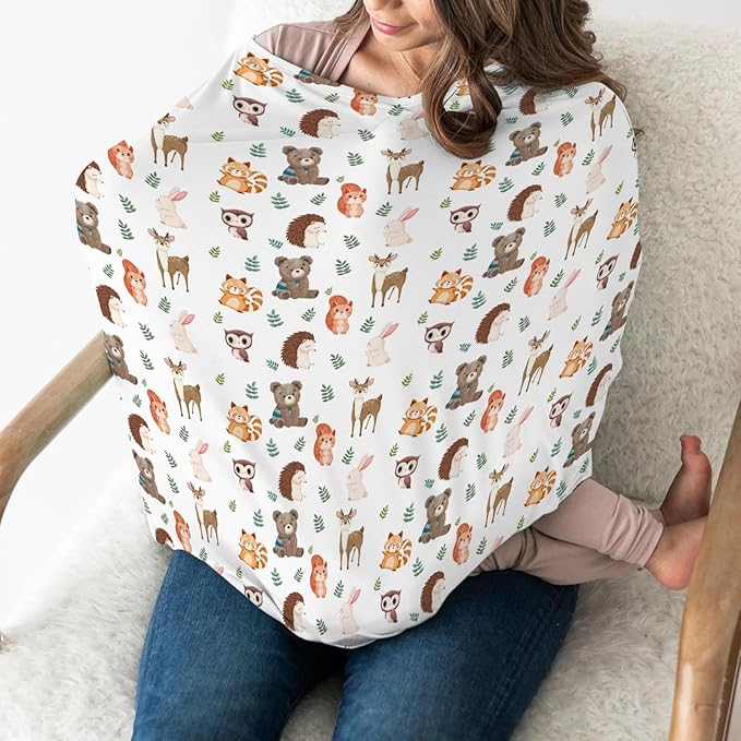 Cute Forest Animals Leaves Baby Car Seat Covers Bear Deer Raccoon Squirrel Bunny Hedgehog Owl Stretchy 5-in-1 Cover Adjustable Car Canopy Cover Wildlife Breathable Nursing Cover-Up