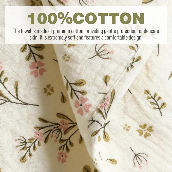 Cinaci 1pc Soft & Absorbent 100% Muslin Cotton Baby Hooded Bath Towel for Baby Girls Boys Newborns Infants Toddlers Kids (Floral Cream)