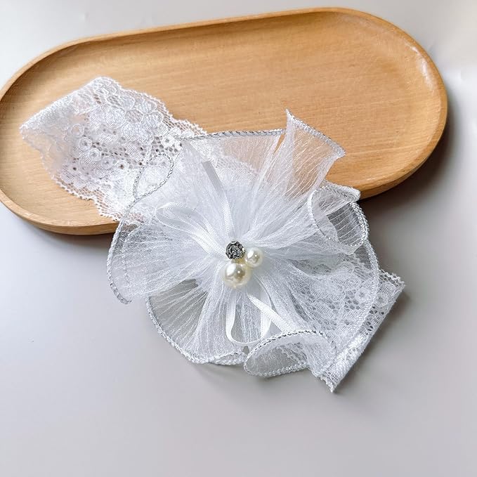 Baby Girls Headband White Bow Lace Headbands Soft Elastic Bowknot Hairbands Cute Hair Accessory for Newborn Kids Infant Toddler Baptism Birthday Party (Wide Lace Flowers)