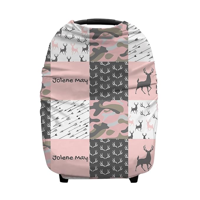 Personalized Woodland Deer Pink Baby Car Seat Covers with Name, Custom Nursing Cover Breastfeeding for Babies, Carseat Canopy for Girls, Infant Stroller Cover, Breathable Carseats Cover