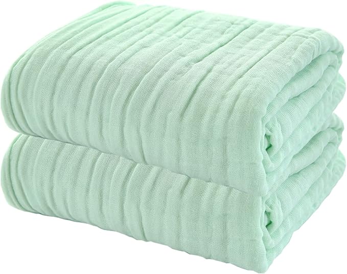 YEBON ProC 2Pcs Baby Muslin Bath Towels, Super Soft Cotton Bath Towel 6 Layers Infant Newborn Swaddle Blanket 41.3 X41.3 Inches,Baby Registry as Shower (Green)