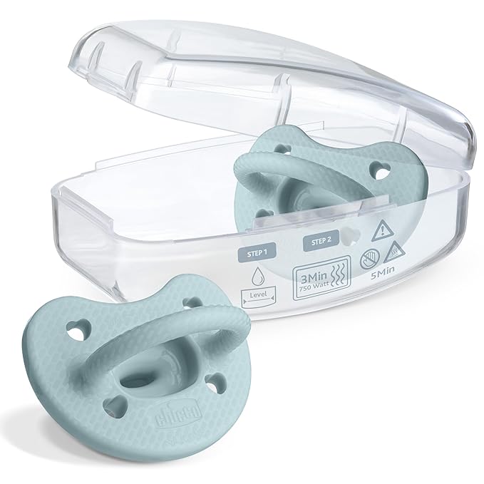 Chicco PhysioForma Luxe Orthodontic Pacifier for Babies 6-16 Months, One-Piece 100% Soft Silicone, Supports Breathing, Textured Shield & Handle, Sterilizing Case, BPA Free, 2-Pack, Coastal Blue