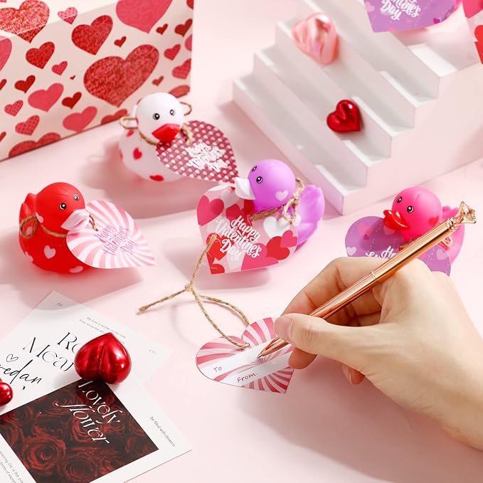 Jerify 48 Pcs 2 Inch Valentines Rubber Ducks Bulk with Gift Cards Mini Heart Rubber Duckies Bath Toys Valentine's Day Gift for Kids Classroom Favors Prizes Exchange (Colorful)