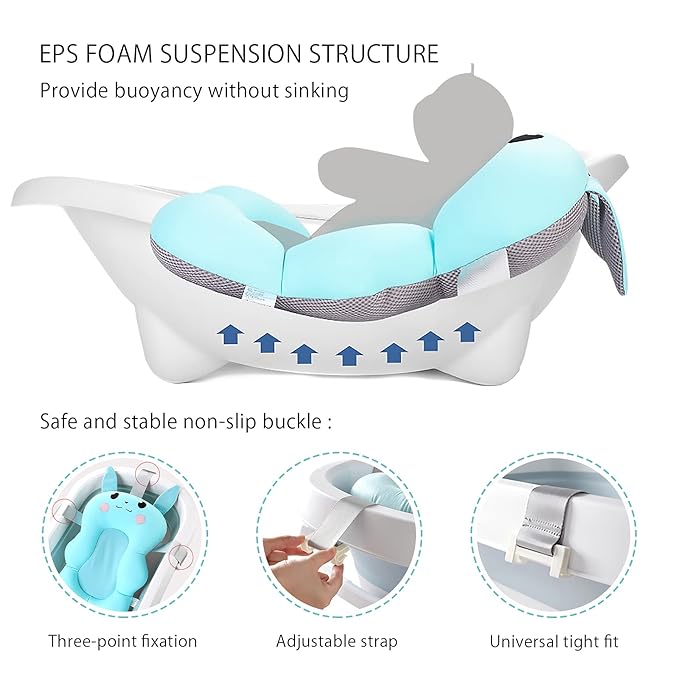 SONARIN Baby Bath Pad,Non-Slip Baby Bath Cushion Mat Infant Floating Bathtub Pad Newborn Bath Tub Seat Mat Soft Bath Pillow for Tub Adjustable Baby Shower Support Seat for Baby 0-12 Months(Blue)