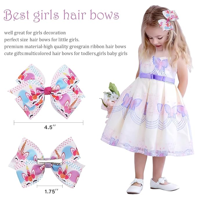24PCS 4.5Inch Bows for Girls Boutique Grosgrain Ribbon Rainbow Hair Bow Alligator Hair Clips Pigtail Bows Unicorn Hair Clips for Baby Girls Toddler Kids Children Teens in Pairs