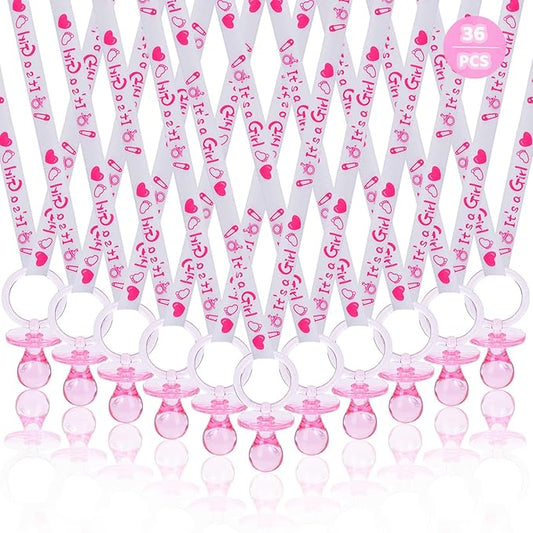 XINHUIDALSQ 36 Baby Shower Pacifiers Necklace, Acrylic Pacifier Necklace for Baby Shower Girls Boys Party Favors Charm/Gender Reveal Party Table Scatter/Game Props(Pink)
