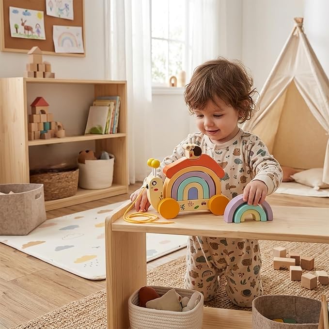 Wooden Push and Pull Snail Toy with Removable Colorful Stacker, Wood Snail Rainbow Stacker with Wheel - Ideal for Grasping Practice and Developing Hand - Eye Coordination Motor Skills