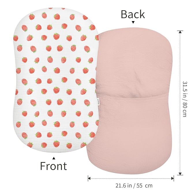 Muslin Baby Lounger Cover 2 Pack, Soft Breathable Newborn Lounger Pillow Cover for Boys Girls Infant (Strawberry & Pale Pink)