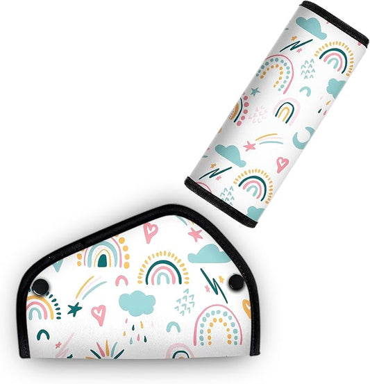 Kid's Seat Belt Cover Pad, Neck & Abdomen Cushion for Children- Soft and Breathable Straps Cover Support (Rainbow)