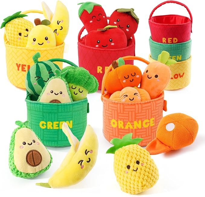 Baby Sensory Toys, Montessori Learning Basket with Soft Sorting Play Food, Crinkle & Rattle Toys for 6-12 Months Infants, Fine Motor Skills Gift for 1 Year Old Boys Girls Sorting & Stacking Toys
