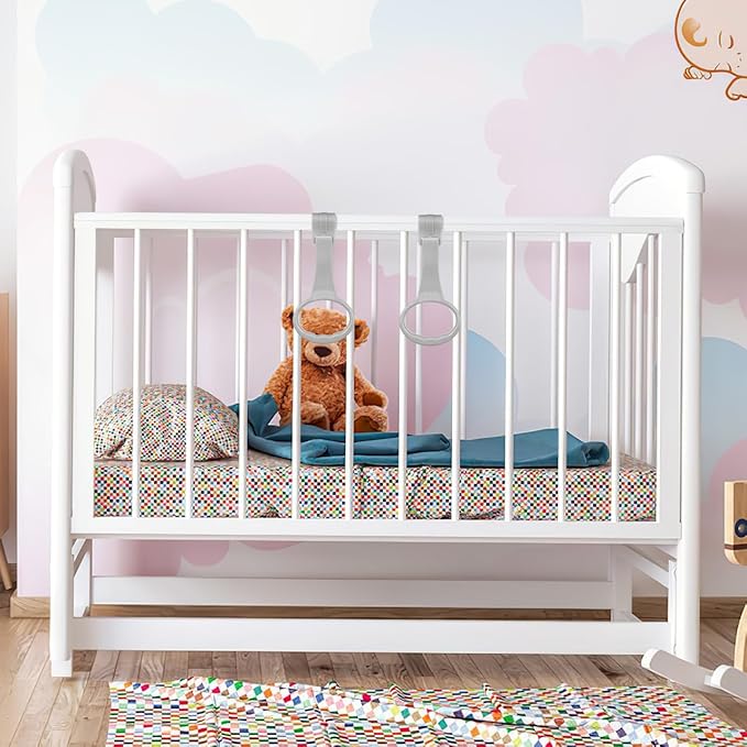 SAFIGLE 2Pcs Baby Playpen Pull up Rings：Pull up Rings for Play Pen，Baby Walking Exercises Assistant - Playpen & Crib Hanging Loop Accessories for Help Stand up Walking Training Tool Newborn (Grey)
