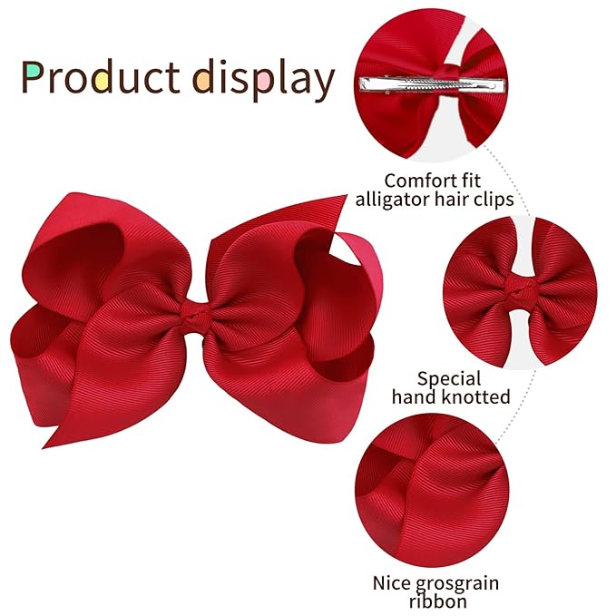 Oaoleer 8PCS Hair Bows for Girls Red Grosgrain Ribbon Boutique Bow Alligator Clips Hair Accessories for Toddlers Little Girls Kids (8inch, 6inch, 4.5inch, 3inch in Pair)