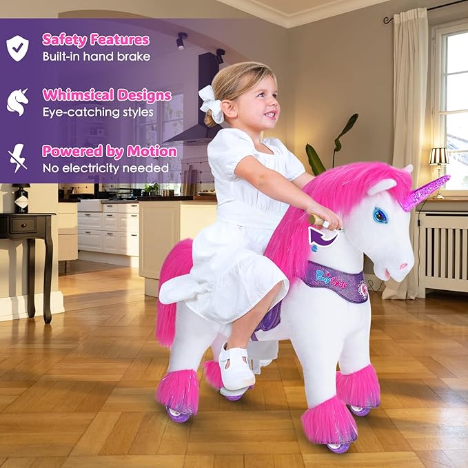 PonyCycle Ride on Unicorn Riding Unicorn Pink Toys Advanced Model Y Plush Animal (28.7" Height/Size 3 for Kids Ages 3–4) Indoor Outdoor Riding Horse, No Electricity Birthday Gift for Kids Y352