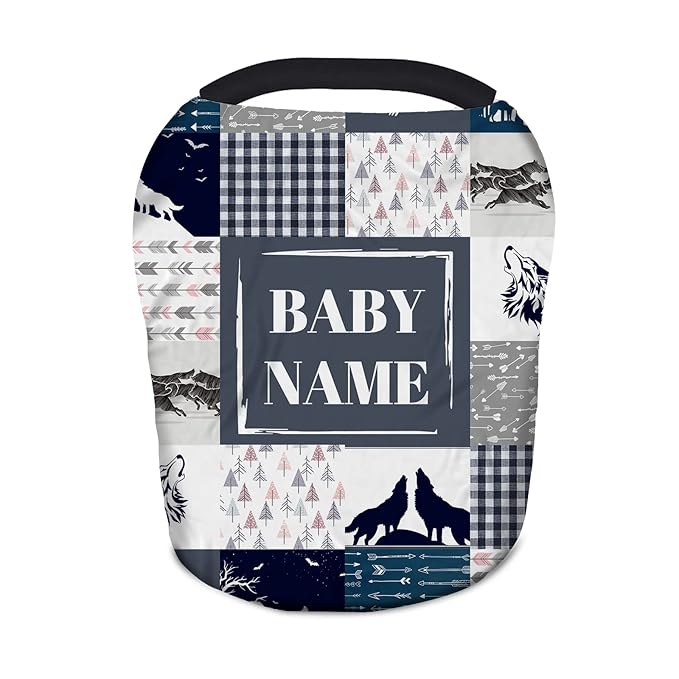 Personalized Baby Car Seat Covers with Name, Custom Nursing Cover Breastfeeding for Babies, Carseat Canopy for Boys and Girls, Infant Stroller Cover, Breathable Carseats Cover(Wolf Theme Plaid)