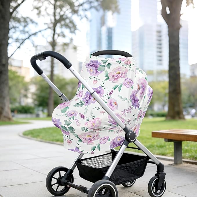 Baby Car Seat Cover Girls, Infant Carseat Canopy, Stretchy Multi- use Nursing Cover for Stroller/High Chair/Shopping Cart/Car Seat Canopies (Purple Floral)