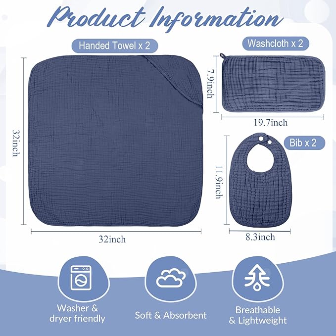 Hahafelt 6 Pcs Muslin Hooded Bath Towels Washcloths and Bibs Set, Muslin Cotton Baby Towels Absorbent Hooded Blanket Towel Infant Bibs for Boys Girls Newborn Infant Essential(Dark Blue, Light Blue)