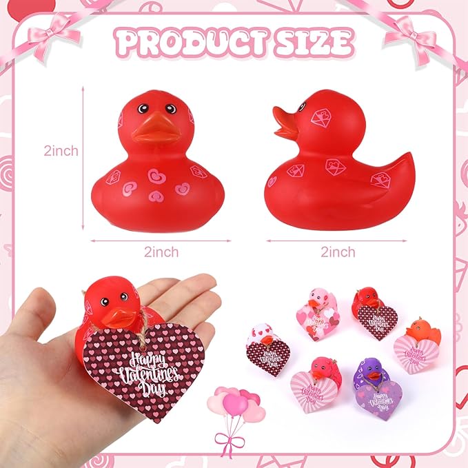 Jerify 12 Pcs 2 Inch Valentines Ducks for Kids Classroom Exchange Gifts Valentine's Day Rubber Ducks with Gifts Cards Mini Heart Rubber Duckies Valentines Party Favors Toys, 6 Styles (Popularity)