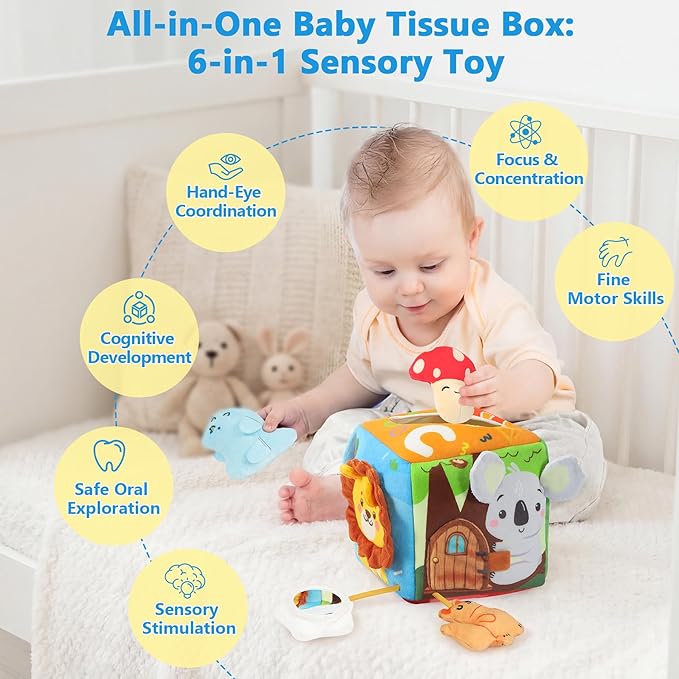 URMYWO Baby Tissue Box Toy, Montessori Sensory Toys 6-12 Months with Crinkle Paper & Scarves, Fine Motor Skills, Valentine's Day Easter Basket Stuffers, Gifts for Infants 6 9 12 18 Months Old