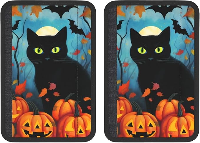 Black Cat Seat Belt Cover Fits Cars Trucks SUV Sedans Air Permeability Car Seatbelt Strap Cover, Halloween Pumpkin Autumn Auto Interior Accessories Protector