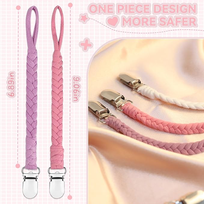 7 Pcs Pacifier Clip, Pacifier Clips for Boys & Baby Girls Pacifier Holder Clip Binky Clips Braided 100% Handmade Fits All Pacifiers(Pink, 7 Pack)