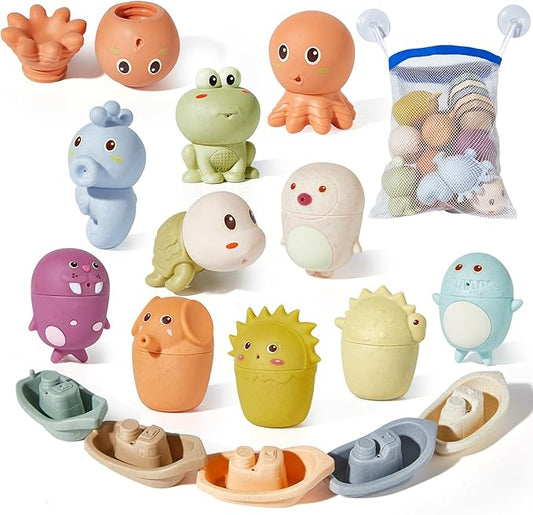 AMCHSURI Animal Bath Toys with Floating Boats for Toddlers 1-3, 15 PCS Mold Free Bathtub Toy for Infants 6-12 Months, Eco-Friendly Non Toxic Water Table Toys