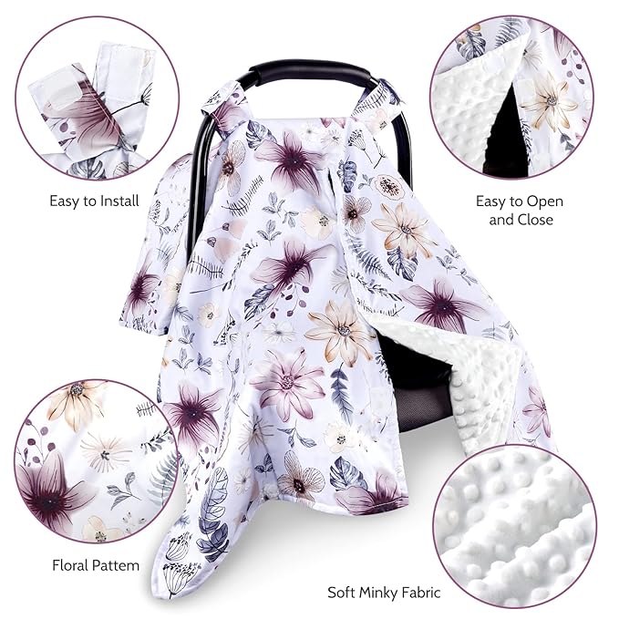 Baby Car Seat Cover, Peekaboo Opening Spring Car Seat Canopy for Baby Girls Boys, Mom Nursing Breastfeeding Covers, Blanket for Infant, Purple Watercolor Flower