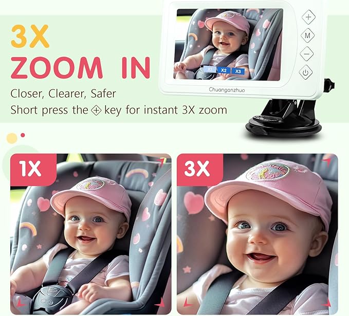 S100P Baby Car Camera with Ultra Night Vision, 5'' HD 1080P IPS Baby Car Monitor with 3X Zoom, Backseat/Carseat/Rear Seat Camera USB, Easy No-Damage Install, Safety for Infants and Pets (5 inch Green)