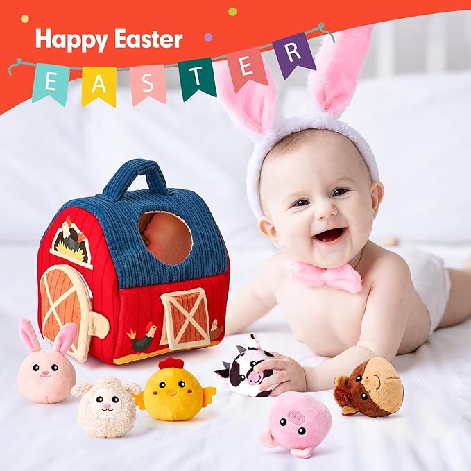 hahaland Baby Toys 6-12 Months - Surprise Barn Stuffed Farm Animals, Rattle, Crinkle, Mirror, Montessori Toys for 6 Month Old Sensory Balls 1-3, Baby Boy Gifts, Farm Plush Toys for Babies Travel Toy