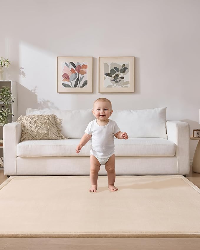 Baby Play Mat for Floor, 1.2" Thick Extra Large Memory Foam 59"×79" Playpen Mat for Kids, Infants, Toddlers - Soft Baby Crawling Mat for Tummy Time, Sitting with Non-Slip Bottom, Beige