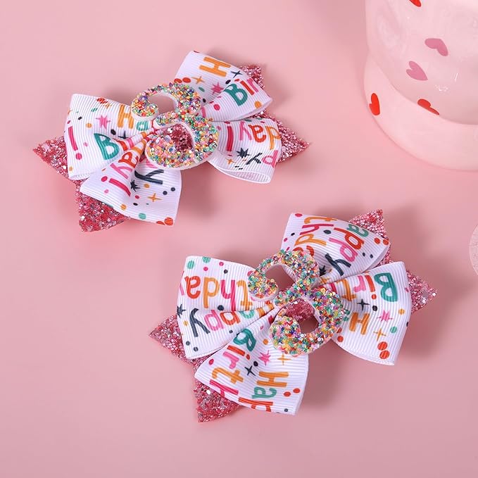 4" Glitter Happy Birthday Hair Bow Clips for Women, Pink Ribbon Cheer Bow Barrettes Alligator Hairpins, Confetti Ice Cream Party Dress Accessories, Her 3rd Birthday Gift