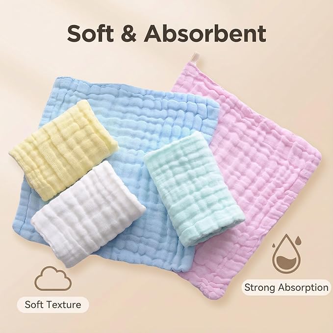 5 Pcs Baby Muslin Washcloth, Soft Newborn Face Towel, Cotton Extra Absorbent Burp Cloths for Baby,Breathable Wash Cloths for Newborn-Infants On Sensitive Skin