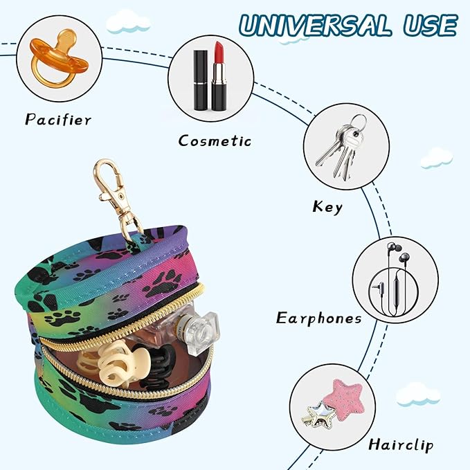 Pacifier Holder with Clip Pacifier Case for Diaper Bag Round Baby Pacifier Pouch Box Bag Portable Gradient Paw Prints and Trails