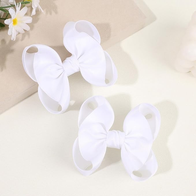 OAOLEER 2PCS 3.5inch Hair Bows for Girls，White Stain Ribbon Hair Bows Alligator Clips Hair Accessories for Back To School Teen Toddler Girls Kids (White)