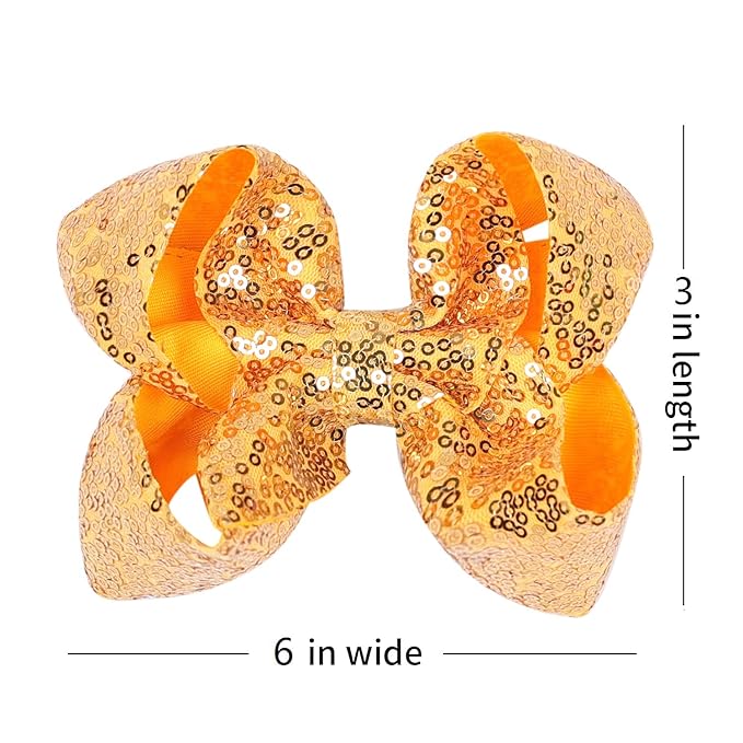 6 Inch Yellow Sparkly Glitter Sequin Hair Bows for Girls Toddlers Kids Children Teenage (2PCS)
