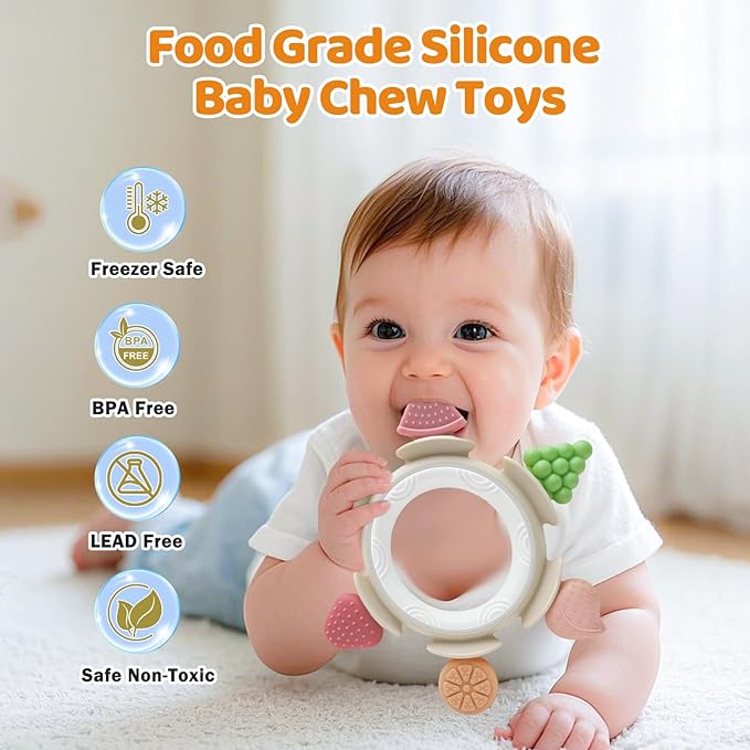 Baby Teething Ring Toy for 3-6-12 Months, Silicone Infant Teether for Sore Gum Relief, Soothing Sensory Chew Toys, Ideal Newborn Gift for Boys Girls Baby Shower, Birthday or Easter, Brown