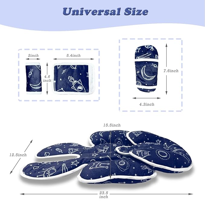 Infant Car Seat Insert, 2 in 1 Carseat Head Neck Pillow for Newborn, Baby Carriage Pad with Strap Covers, Universal Seat Pad for Carseats, Stroller, Swings, Bouncer, Planet (Navy Blue)