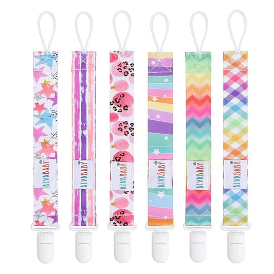 ALVABABY Baby Pacifier Clips Paci Universal Holder Leash Pacifier Clip Binky Holder for Teether Soothie 6 Pack 6DBP06