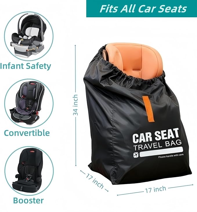 Kcicephine Car Seat Travel Bag for Airplane,Gate Check Storage Bag for Car Seat Airport,Universal Car Seat Bags Essentials for Air Travel,Perfect Family Vacations, and Parents with Infants, Black