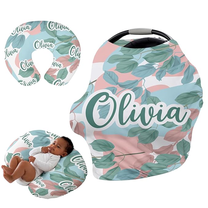 Personalised Car Seat Cover for Babies - Multi-use Carseat Canopy Cover with Name, Car Seat Covers, Christmas Birthday Gifts for Infant Boys and Girls Pink Leaf Print