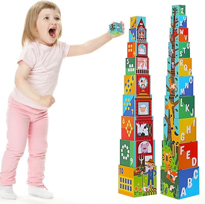 10 Pcs Nesting and Stacking Blocks for Toddlers 1-3 - Cardboard Stacking Cubes with ABC & Numbers - Montessori Educational Learning Toy - Sturdy Toddler Tower Building Set for Kids