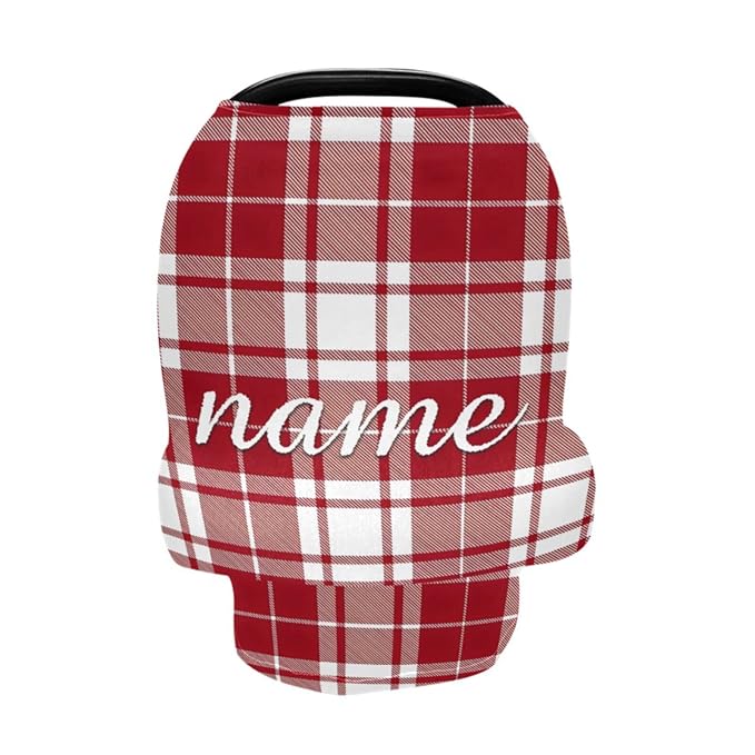 Personalized Baby Car Seat Cover for Babies, Custom Name Baby Car Seats Canopy for Boys Girls, Nursing Breastfeeding Stroller Covers for Infant Newborn, Shower Gift (Red Plaid)