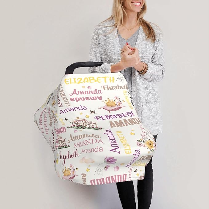 Personalized Baby Car Seat Cover for Girls, Custom Crown Castles Nursing Covers for Breastfeeding with Name, Infant Stroller Cover, Baby Carseat Canopy for Newborn, Multiuse Car Seat Canopies