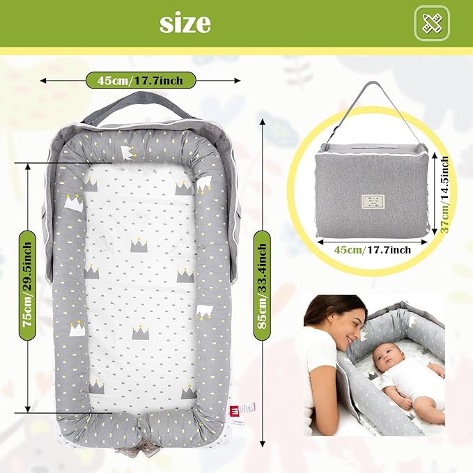 Baby Lounger for Newborn Portable Bag,Baby Lounger Play Mat for Awake-Time,Newborn Babies Essentials Gifts 0-24 Months Home Travel(Crown Grey)