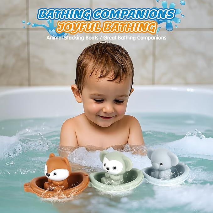 Bath Pool Toys for Toddler, Stacking Toy with 3 Boat 3 Sensory Finger Puppets, Toddler Toys Gifts for 2-4 Year Old Boy Girl, Model A