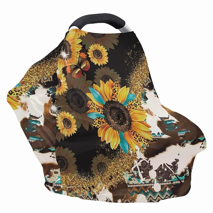 Wanyint Sunflower Cow Print Car Seat Covers Canopy Covers for Babies,Added Privacy for Breastfeeding,Baby Car Seat,Breathable Nursing Cover for Carrier Stroller