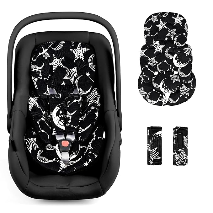 Infant Car Seat Insert Head and Body Support, GFU Reversible Newborn Insert for Carseat with Strap Pads, Soft Stroller Cushion Pillow Insert for Boys and Girls, Fits for Stroller, Swing, Black Star