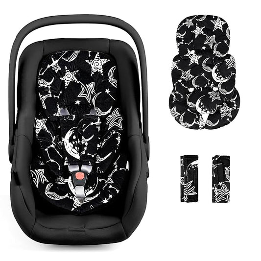 Infant Car Seat Insert Head and Body Support, GFU Reversible Newborn Insert for Carseat with Strap Pads, Soft Stroller Cushion Pillow Insert for Boys and Girls, Fits for Stroller, Swing, Black Star