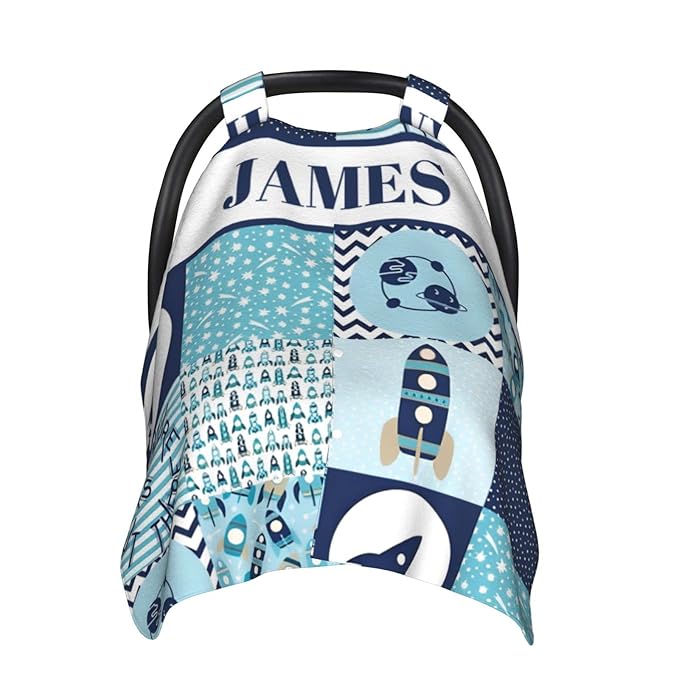 Personalized Minky Car Seat Canopy for Girl Boy, Custom Name Stroller Car Seat Covers Cover for Infant Newborn Shower Gift, Nursing Opening Carseat Cover for Breastfeeding, Rocket